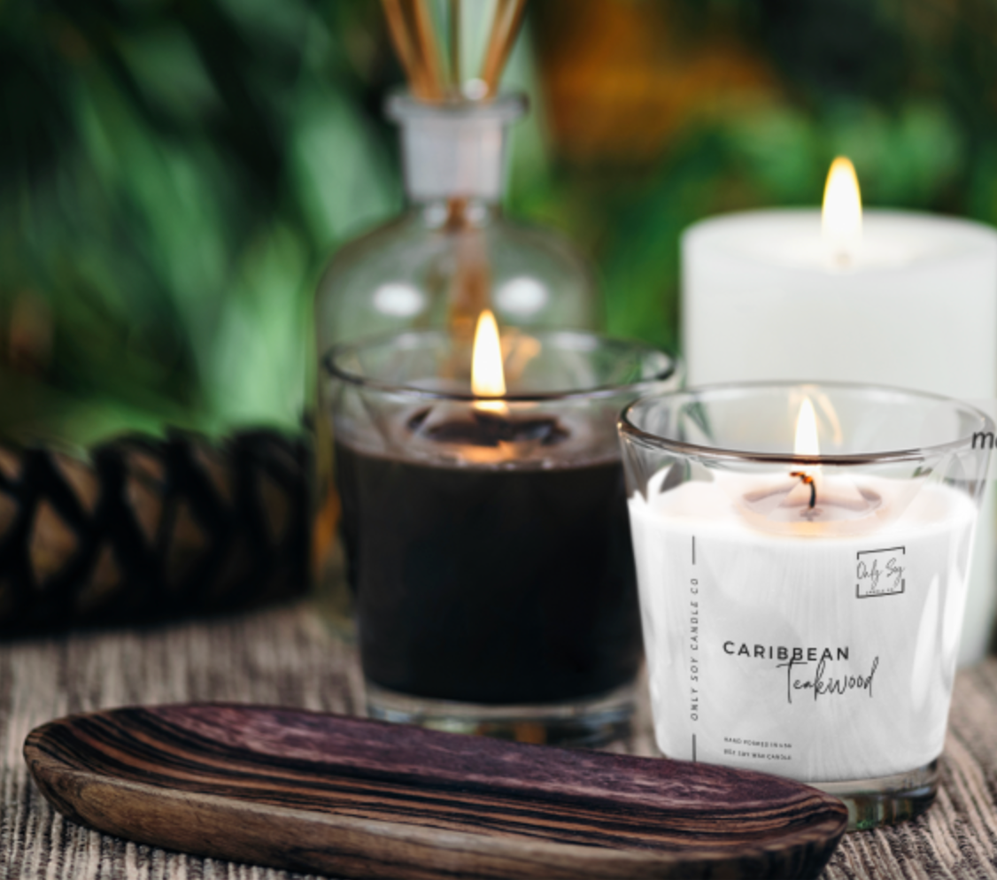 Caribbean teakwood scented soy wax candle hand poured in the USA.